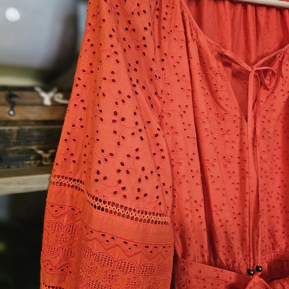 Lauren Ralph Lauren Red Eyelet Mini Dress Broderie Anglaise Belted Sz 10 - Picture 12 of 15